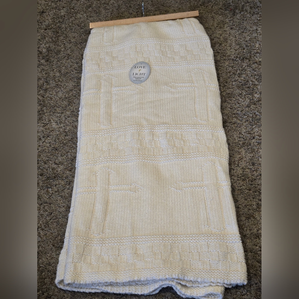 Love + Light Cream Knit Blanket Religious Throw 50x70 With Crosses